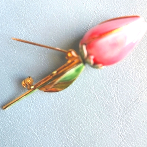 40s SANDOR CO Rose Pink Tulip Bud Olive Green Leaves Enamel Gold RARE Pin Brooch - Picture 4 of 16